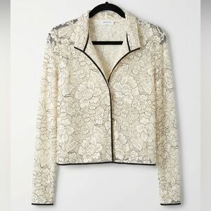 Aritzia Babaton Floral Lace Long Sleeve Sheer Blouse Cream Black Piping Size M